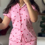 2 Pieces Outfit Strawberry Print Stand Collar Short Sleeve T-shirt and Pants Pajamas Set