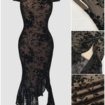Women's Flock Floral Mesh Dress Off Shoulder Ruffle Hem Bodycon Dress Slit Evening Party Mermaid Gown