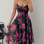 Women's Floral Print Cowl Neck Cami Dress High Waisted Sheer Mesh Overlay A-Line Dress Elegant Backless Flowy Party Dress