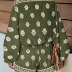 2 Pieces Outfit Boho Skew Neck Lantern Sleeve Top and Elastic Waist Shorts Set Casual Vintage Baroque Placement Print Vacation Set