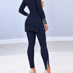 2 Pieces Outfit Mock Neck Long Sleeve Hollow-out Back Side Slit Longline Top and High Waist Slit Hem Pants Set Casual Pearls Decor Slim Fit Knit Lounge Set