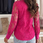Women's Elegant Mesh Patchwork Shirt Floral Embroidery Stand Collar Pearl Button Long Sleeve Blouse