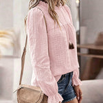 Women's French Style Eyelet Embroidery Blouse Elegant Frill Hem Stand Collar Puff Sleeve Top Lace Patchwork Shirt