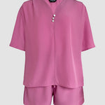 2 Pieces V Neck Button Decor Bell Sleeve Top and Casual Drawstring Stechy Waist Shorts Set
