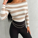 Women's Foldover Off Shoulder Striped Pullover Long Sleeve Slim Fit Knit Top