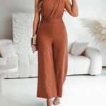 One Shoulder Sleeveless Ruched Cinched Waist Zipper Side Overalls Tied Detail Elastic Waist Wide Leg Jumpsuit