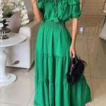 Off Shoulder Short Sleeve Frill Hem Lace Up Dress Casual Strechy Waist Flared Maxi Dress