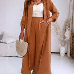 2 Pieces Outfit Turn-down Collar Turn-Up Sleeves Button Front Asymmetrical Hem Longline Blouse and Casual Elastic Waist Wide Leg Pants Set