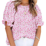Nadorine Casual Floral Print Smocked Puff Sleeve Shirts