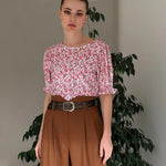 Nadorine Casual Floral Print Smocked Puff Sleeve Shirts