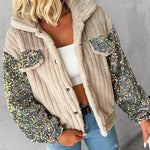 Turn-down Collar Sequin Patch Teddy Jacket