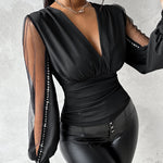 Women's Deep V Neck Ruched Top Mesh Lantern Sleeve Blouse Rhinestone Decor Slim Fit Pullover