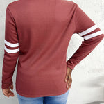 Striped Print Zipper Front Long Sleeve Top  Waffle Knit Loose Fitting Tunic Tops