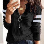 Striped Print Zipper Front Long Sleeve Top  Waffle Knit Loose Fitting Tunic Tops