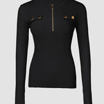 Crewneck Half Zipper Flap Detail Knit Sweater Long Sleeve Slim Fit Ribbed Pullover Top
