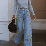 Women's High Waisted Floral Embroidered Wide Leg Jeans Washed Denim Pants