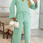 2 Piece Notch Neck Long Sleeve Asymmetrical Hem Tops Stretchy Waist Straight Leg Pants Lounge Sets Tracksuit