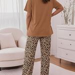 Women's Pajama Set Leopard Bow Short Sleeve Top and Loose Leopard Straight Leg Pants Casual Loungewear