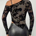 Women's Flocked Floral Mesh Top Skew Neck Long Sleeve Asymmetrical Blouse with Thumb Hole Cuffs