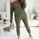 2 Pieces Outfit Long Sleeve Skew Neck Pullover Top and Drawstring Elastic Waist Slim Fit Pants Set