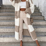 Women's Checkerboard Knit Cardigan Oversized Long Chunky Sweater Loose Lantern Sleeve Coat with Pockets