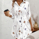 Watercolor Floral Print Turn-down Collar Turn-Up Sleeves Shirred Back Shirt Dress Casual Button Down Cinched Waist Asymmetrical Hem Vacation Dress
