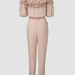 Frill Trim Off Shoulder Short Sleeve Tie Waist Overalls Casual Textured Jumpsuit