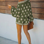 2 Pieces Outfit Boho Skew Neck Lantern Sleeve Top and Elastic Waist Shorts Set Casual Vintage Baroque Placement Print Vacation Set