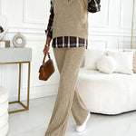 Vintage Plaid Print Spliced Turn-down Collar Long Sleeve Faux Two-Piece Top and Elastic Waist Pants Set Casual Ribbed Brushed Commuting Set