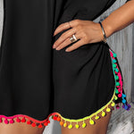 Turn-down Collar Roll Up Sleeve Tassel Hem Pompom Side Slit Straight Dress Casaul Dress