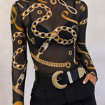 Women's Sheer Mesh Gold Chain Print Mock Neck Frill Trim Long Sleeve Top