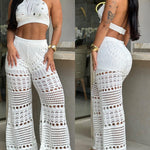 2 Pieces Round Sequin Knitted Halter Sleeveless Crop Top and Casual Strechy Waist Wide Leg Knit Pants Set