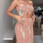 Tropical Print Halter Tie Shirred Frill Trim Cinched Waist Vacation Dress Ruched Cutout Front Slim Fit Ruffle Hem Mermaid Dress