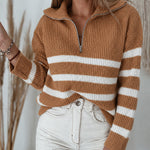 Women's Half Zip Striped Sweater Colorblock Turn-down Collar Knit Pullover Drop Shoulder Loose Fit Top