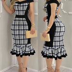 Women's Houndstooth Colorblock Off Shoulder Ruffle Hem Bodycon Dress