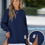 Letter Patch Detail Long Sleeve Drop Shoulder Pullover Sweatshirt Casual Zipper Side Slit Top