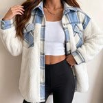 Women's Plaid Patchwork Fleece Shacket Casual Long Sleeve Button Down Faux Shearling Jacket