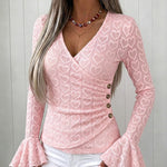 Women's Heart Jacquard Overlap V Neck Top Flare Long Sleeve Side Button Ruched Blouse Slim Fit Wrap Top