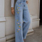 Women's High Waisted Floral Embroidered Wide Leg Jeans Washed Denim Pants