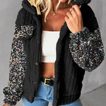 Turn-down Collar Sequin Patch Teddy Jacket
