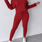 2 Pieces Outfit Long Sleeve Skew Neck Pullover Top and Drawstring Elastic Waist Slim Fit Pants Set