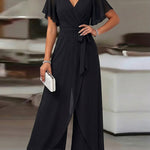 Women's Overlap V Neck Jumpsuit Butterfly Sleeve Wide Leg Romper Tied Waist Shirred Back Split Leg Overalls