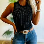 Rhinestone Decor O-neck Sleeveless Tank Slim Fit Ribbed Tank Top