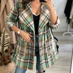 Women's Plaid Drawstring Waist Lapel Mid Length Coat Casual Roll Up Sleeve Jacket
