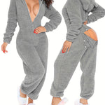 3D Ear Buttoned Flap Functional Fluffy Lounge Jumpsuit