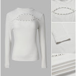 Women's Pearl Rhinestone Hollow-out Long Sleeve Ribbed Fitted Top