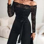 Off Shoulder Long Sleeve Eyelash Lace Spliced Slim Fit Overalls Casual Zipper Back Jumpsuit with Belt