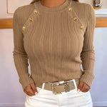 Women's Gold Button Crew Neck Textured Knit Long Sleeve Top
