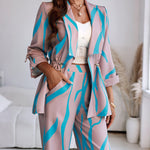 2 Pieces Outfit Shawl Lapel Turn-Up Sleeves Drawstring Waist Open Front Coat and Elastic Back Waist Wide Leg Pants Set Casual Abstract Print Commuting Set