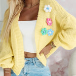 Women's 3D Floral Knit Cardigan Long Sleeve Crochet Sweater Casual Crop Coat